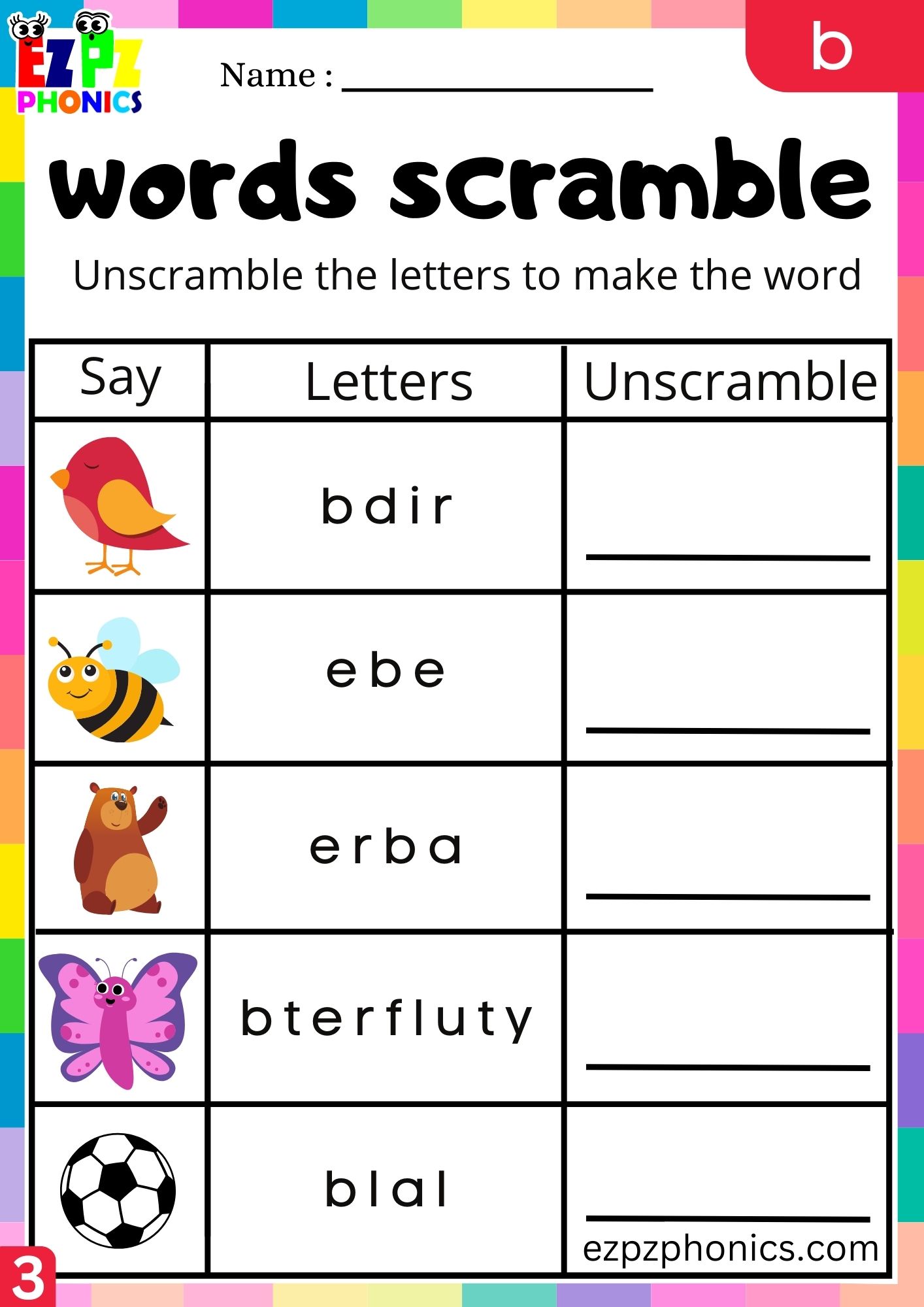 Letter B Word Scramble Activity Group 3 - Ezpzphonics.com